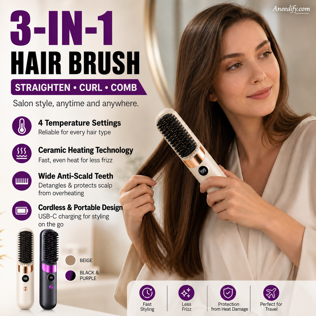 🥳2026 HOT SALE🥳💞50K+ SOLD!💇‍♀️🛡️ 57% OFF! 3‑in‑1 Cordless Hair Straightening Brush – Straighten, curl & detangle with 4 heat settings. Wider teeth prevent burns – safe for daily styling! ✨🌿