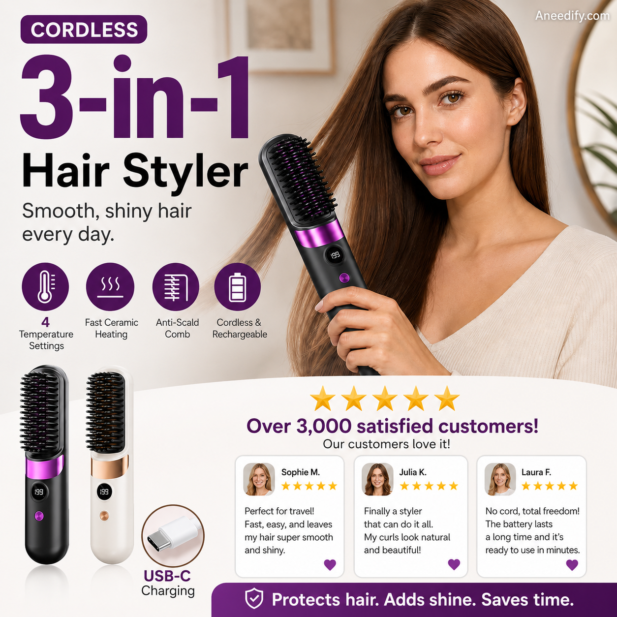 🥳2026 HOT SALE🥳💞50K+ SOLD!💇‍♀️🛡️ 57% OFF! 3‑in‑1 Cordless Hair Straightening Brush – Straighten, curl & detangle with 4 heat settings. Wider teeth prevent burns – safe for daily styling! ✨🌿