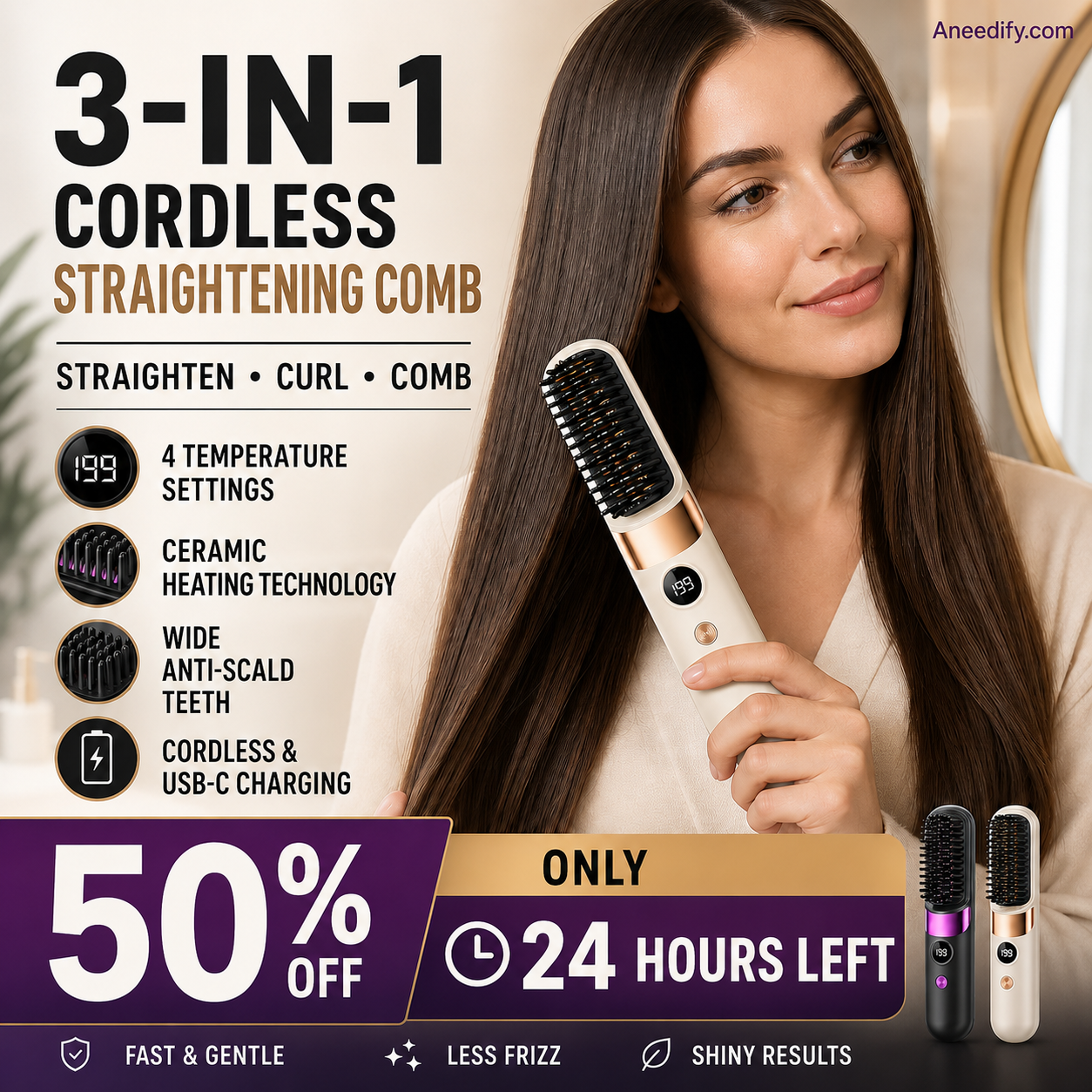 🥳2026 HOT SALE🥳💞50K+ SOLD!💇‍♀️🛡️ 57% OFF! 3‑in‑1 Cordless Hair Straightening Brush – Straighten, curl & detangle with 4 heat settings. Wider teeth prevent burns – safe for daily styling! ✨🌿