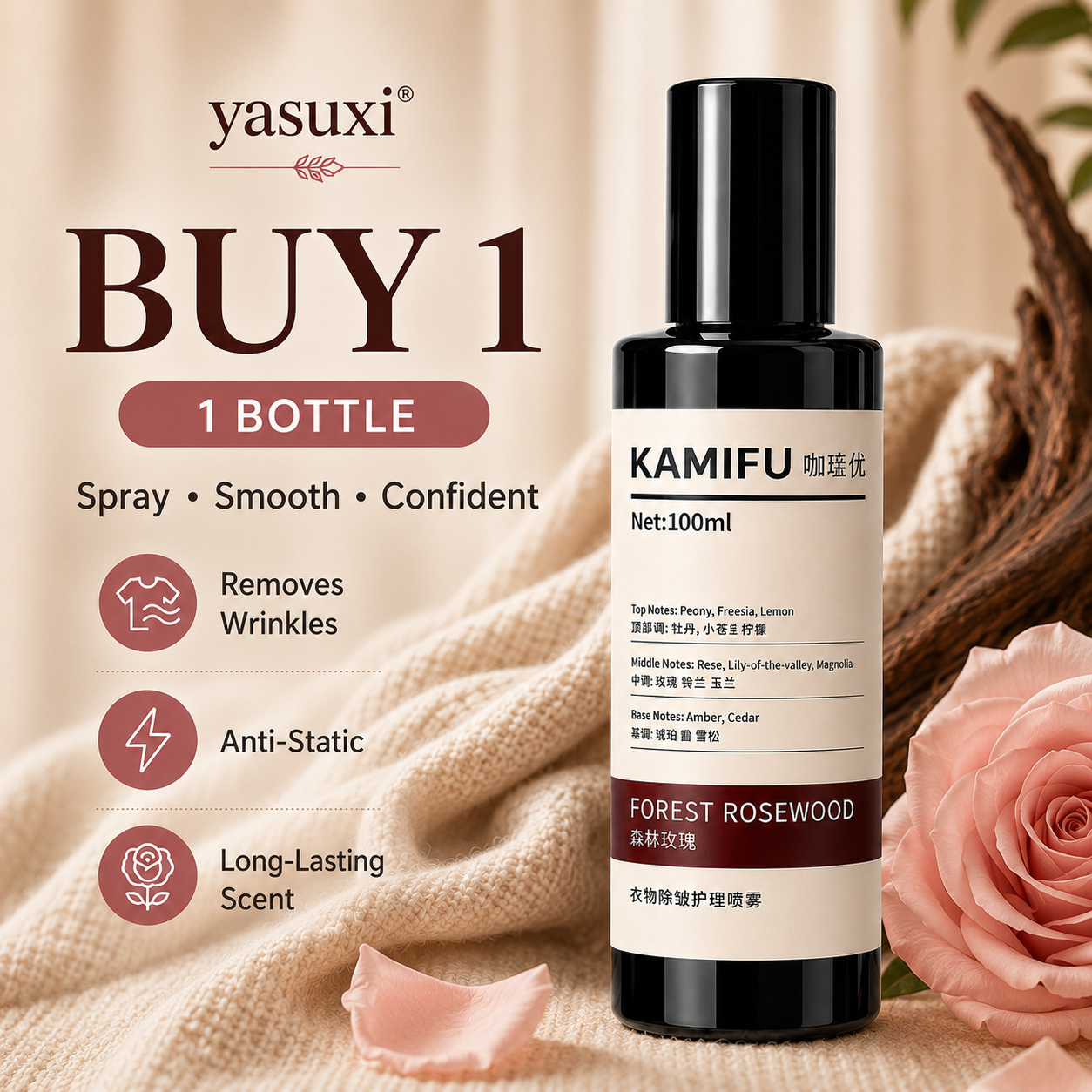 Wrinkles gone, rose scent on — Forest Rosewood, spray & wear, polished anywhere