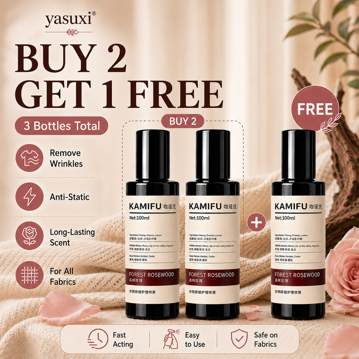 Wrinkles gone, rose scent on — Forest Rosewood, spray & wear, polished anywhere