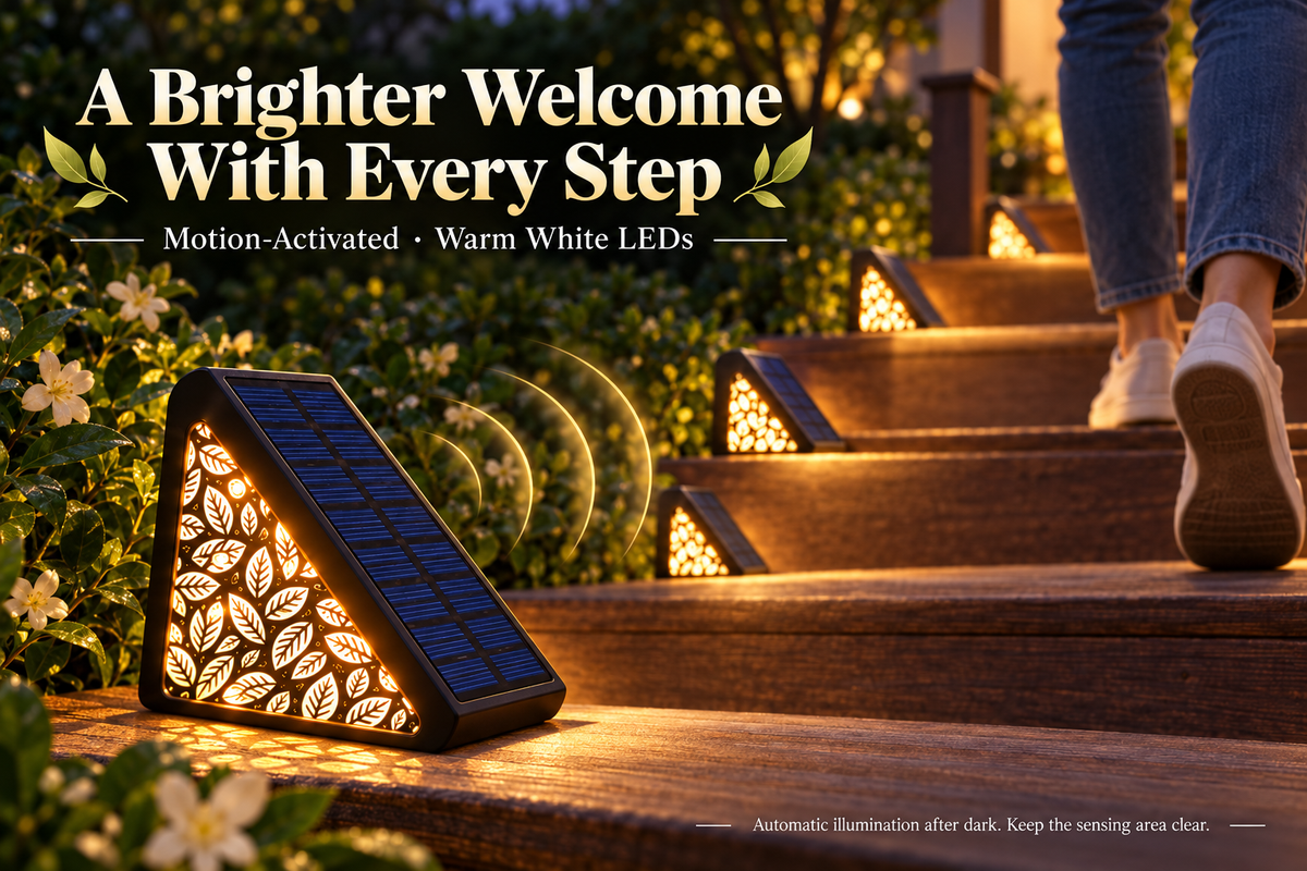 🌙 50% OFF NOW! Solar Motion Sensor Step Lights – Warm Floral Glow Outdoor Stair Lights, Automatic Night Lighting, No Wiring Required for Gardens, Decks & Pathways