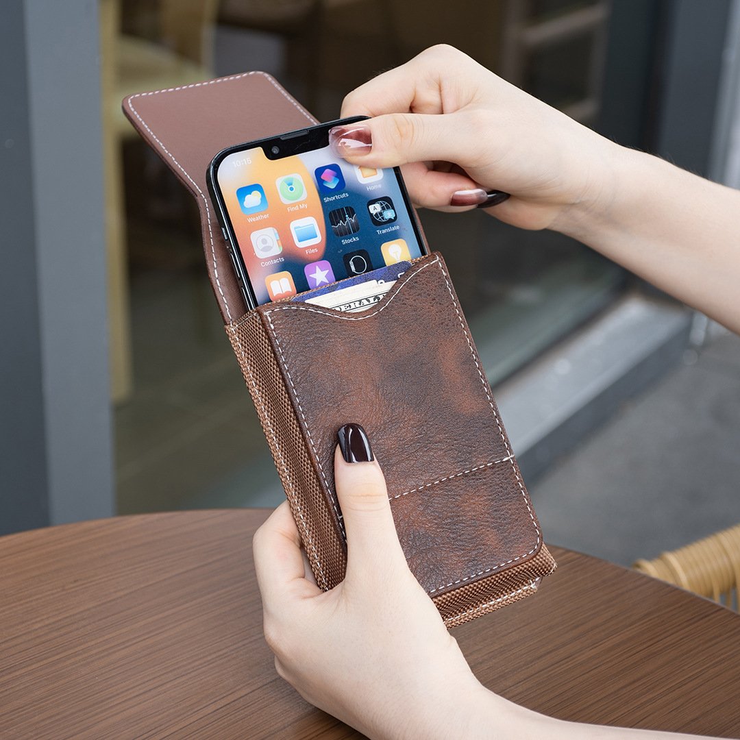 Belt Phone Holder with Magnetic Closure – Sturdy Smartphone Holster with Clip, Belt Loop & Card Slot