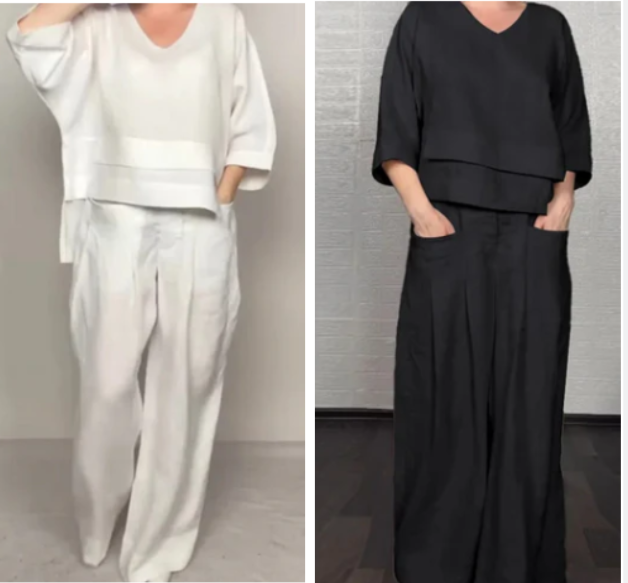 💎 2-piece cotton-linen set with an uneven hem – V-neck top + wide-leg pants, breathable & effortlessly stylish 🍂👚