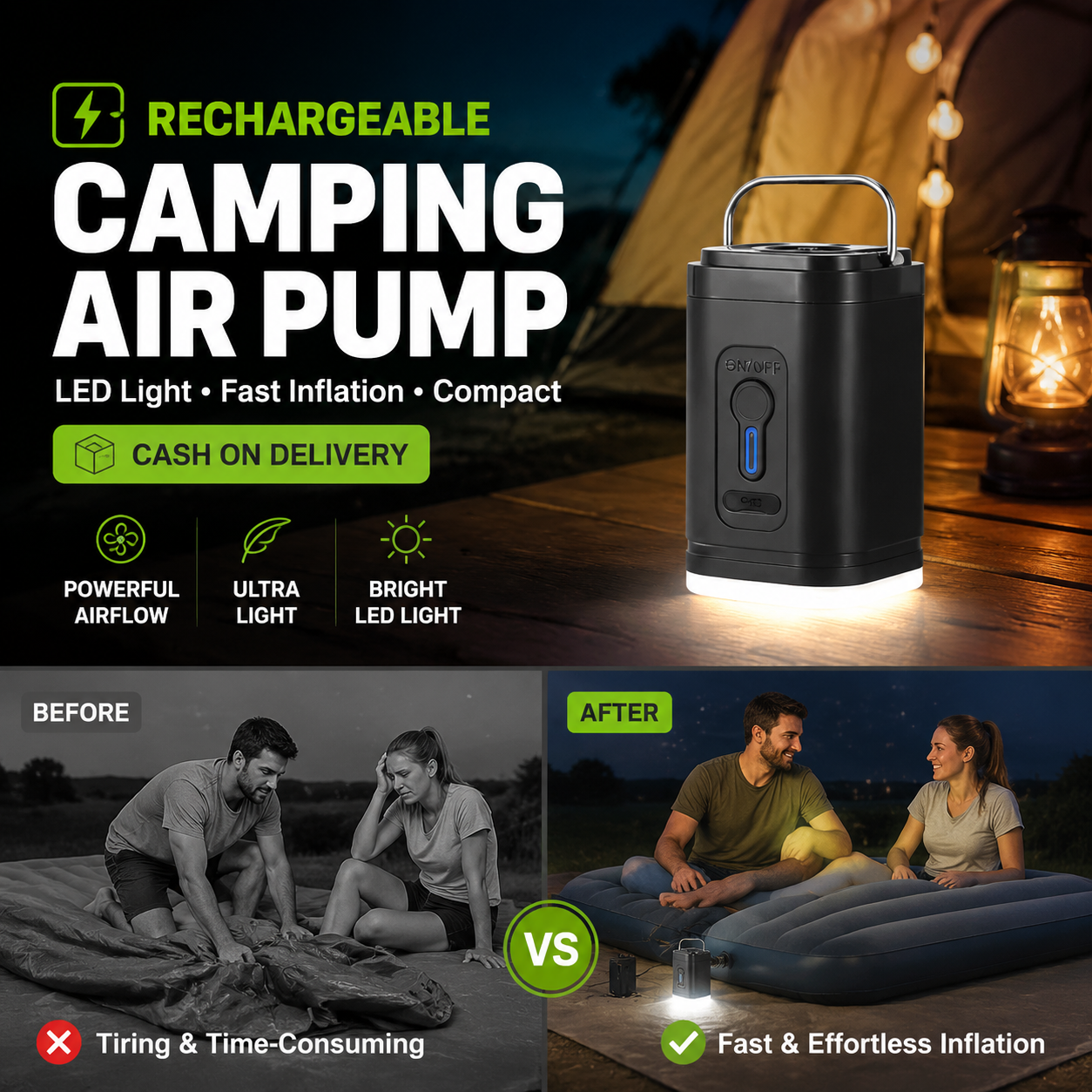 🏕️ Rechargeable Camping Air Pump – LED Light, Fast Inflation, Compact 🔋