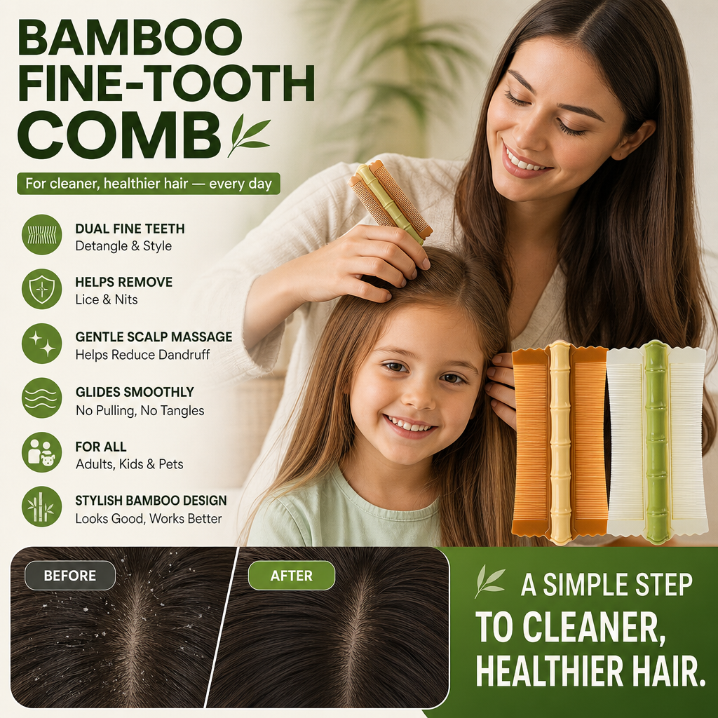 🎋 57% OFF! Bamboo Styling Double-Sided Fine Teeth Comb | Removes Lice & Dandruff | Ergonomic Grip | All Hair Types | For Adults, Kids & Pets 🌿✨