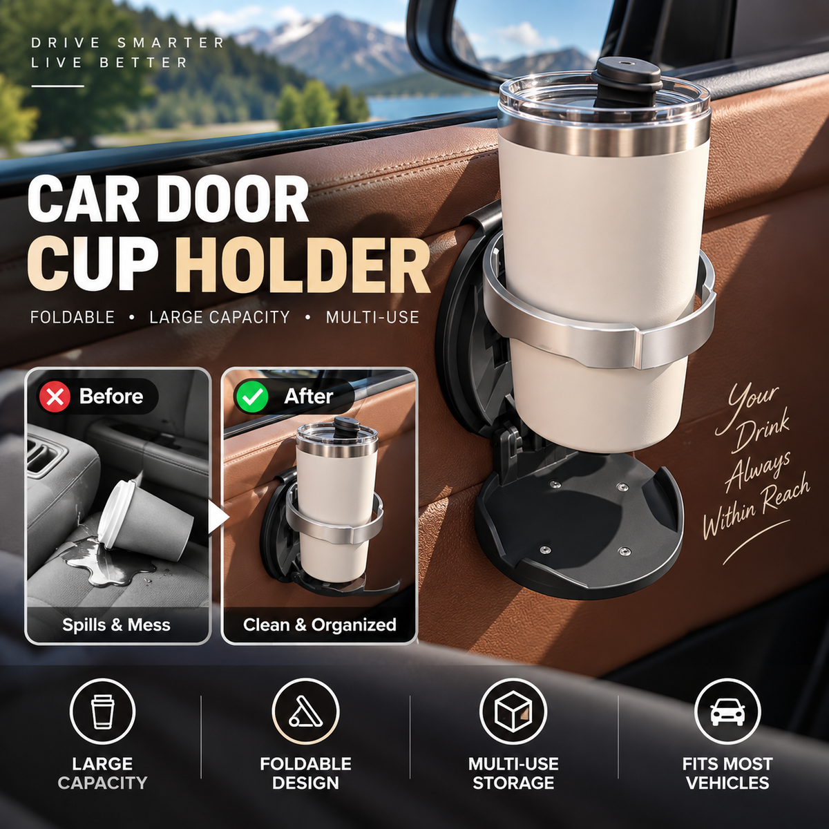 🚗 LIMITED-TIME 50% OFF! 🥤 Foldable Car Door Drink Holder – Multi-Purpose, Clip-On, Faux Leather ✨