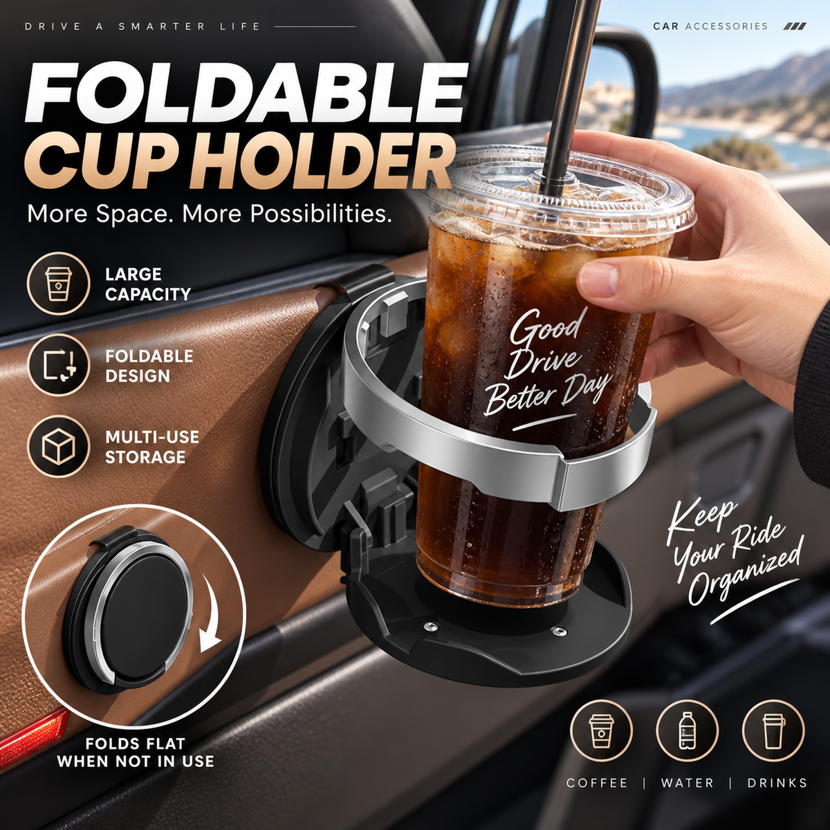🚗🥤Multifunctional Foldable Car Door Cup Holder Large Diameter Drink and Water Bottle Storage Rack