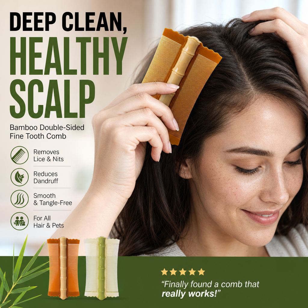 🎋 57% OFF! Bamboo Styling Double-Sided Fine Teeth Comb | Removes Lice & Dandruff | Ergonomic Grip | All Hair Types | For Adults, Kids & Pets 🌿✨
