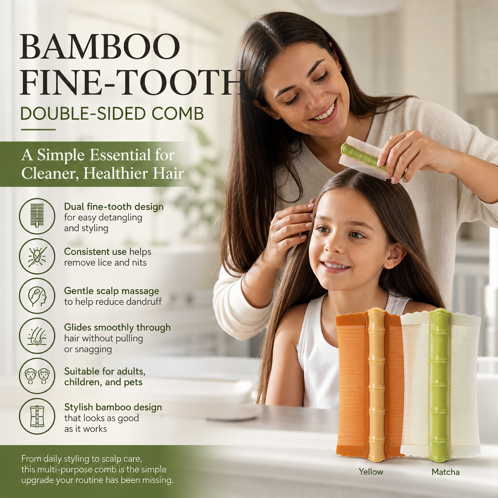 🎋 57% OFF! Bamboo Styling Double-Sided Fine Teeth Comb | Removes Lice & Dandruff | Ergonomic Grip | All Hair Types | For Adults, Kids & Pets 🌿✨