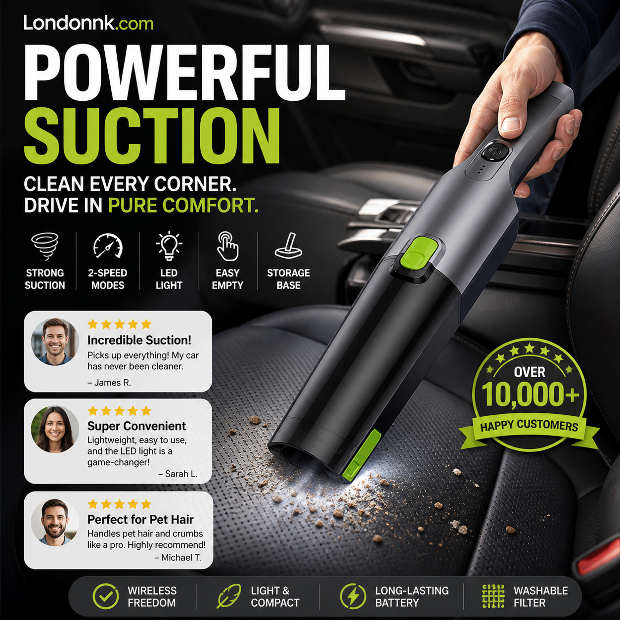 ⏰50% OFF⏰ Cordless Handheld Car Vacuum – 6KPa Suction, 2-Speed Adjustment, LED Light, Easy-Empty Design – Includes Storage Base! 🔋