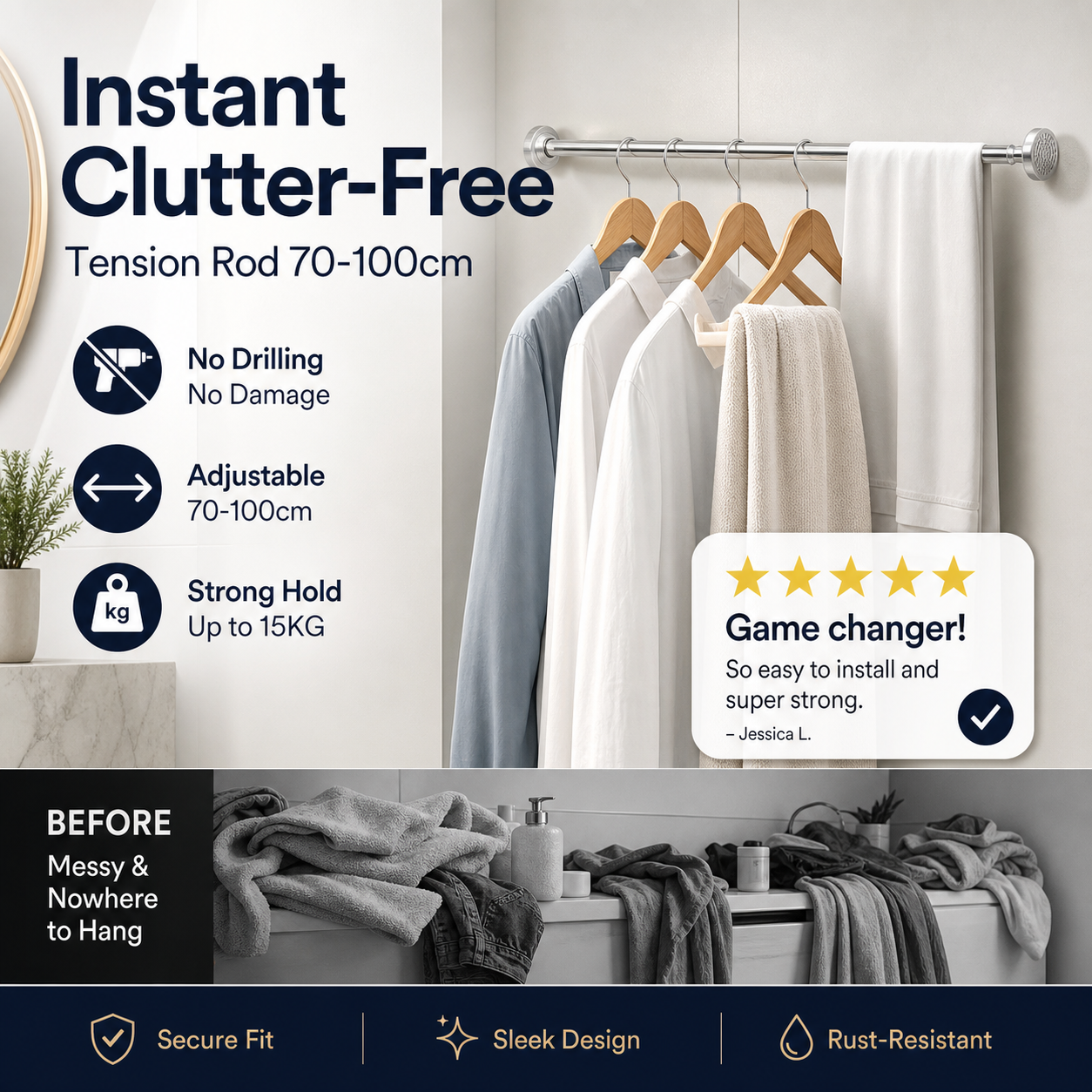 🔥50% off limited time！🥼👚 Create storage space anywhere anytime！Adjustable No-Drill Tension Rod
