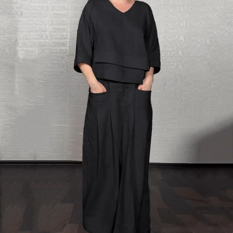 💎 2-piece cotton-linen set with an uneven hem – V-neck top + wide-leg pants, breathable & effortlessly stylish 🍂👚