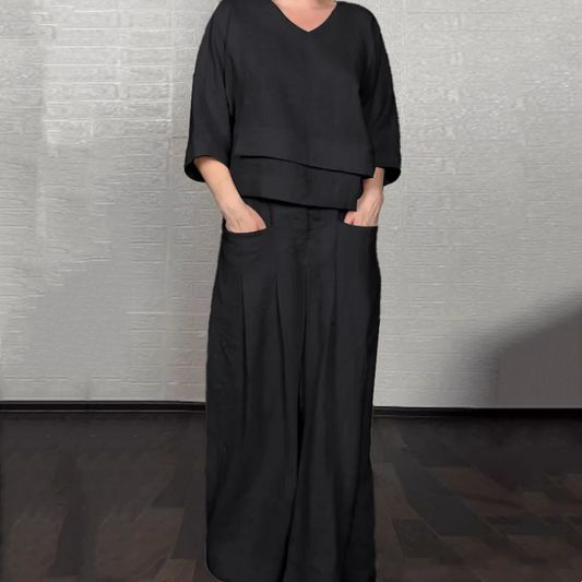 💎 2-piece cotton-linen set with an uneven hem – V-neck top + wide-leg pants, breathable & effortlessly stylish 🍂👚