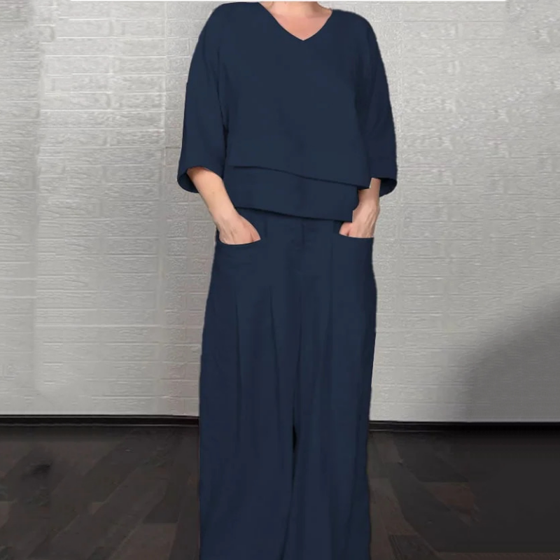 💎 2-piece cotton-linen set with an uneven hem – V-neck top + wide-leg pants, breathable & effortlessly stylish 🍂👚