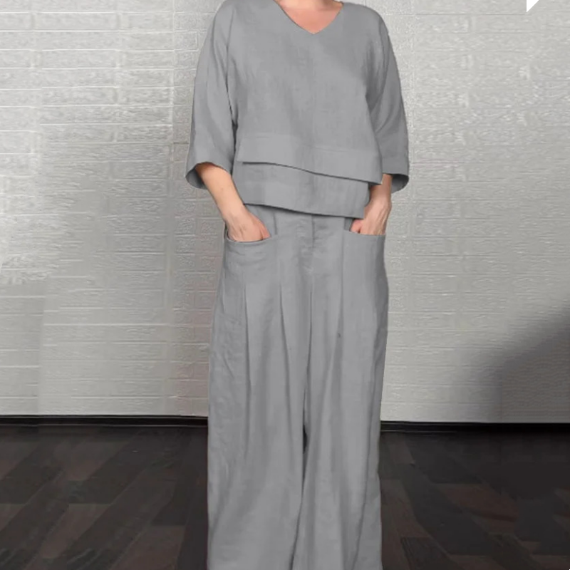 💎 2-piece cotton-linen set with an uneven hem – V-neck top + wide-leg pants, breathable & effortlessly stylish 🍂👚