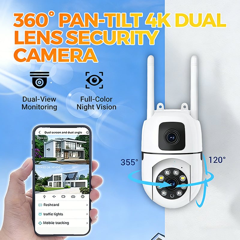🔍🔍360° Pan & Tilt 4K Dual Lens Security Camera – Outdoor WiFi Surveillance Camera