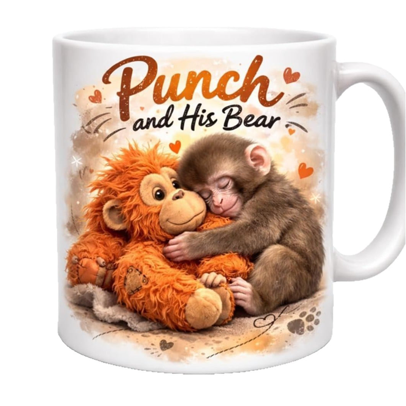 "Punch and His Bear" Cute Monkey Ceramic Mug