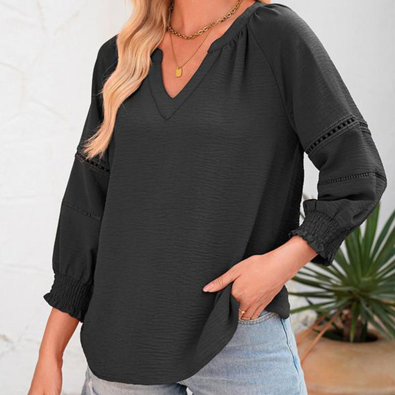 💎 50% OFF! 💎 Women's Casual V-Neck Lantern Sleeve Top – Hollow-Out Detail, Smocked Cuffs & Breathable Texture