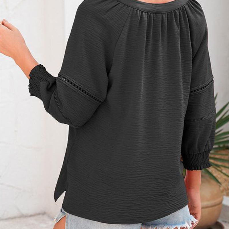 💎 50% OFF! 💎 Women's Casual V-Neck Lantern Sleeve Top – Hollow-Out Detail, Smocked Cuffs & Breathable Texture