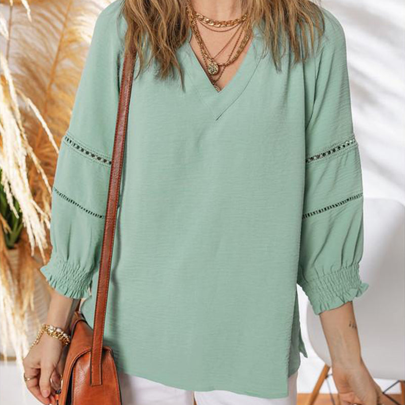 💎 50% OFF! 💎 Women's Casual V-Neck Lantern Sleeve Top – Hollow-Out Detail, Smocked Cuffs & Breathable Texture
