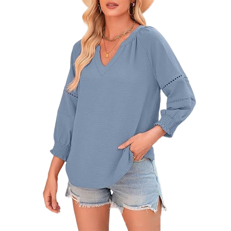 💎 50% OFF! 💎 Women's Casual V-Neck Lantern Sleeve Top – Hollow-Out Detail, Smocked Cuffs & Breathable Texture