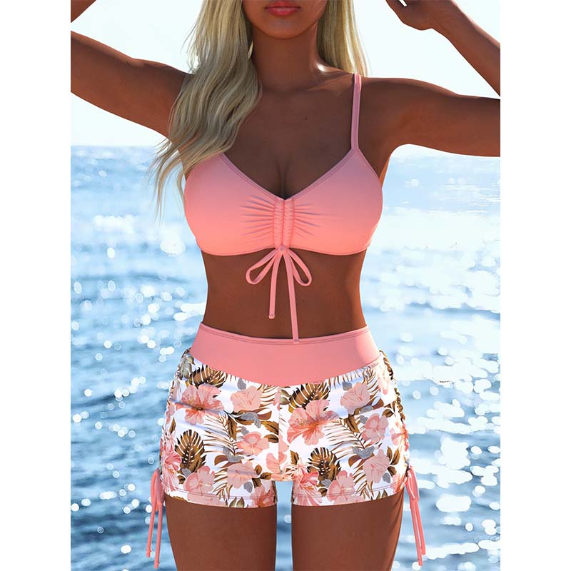 Women's Drawstring Bikini Set with Boy Shorts