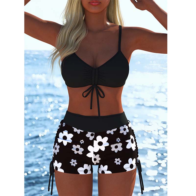 Women's Drawstring Bikini Set with Boy Shorts