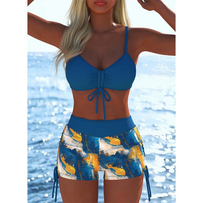 Women's Drawstring Bikini Set with Boy Shorts