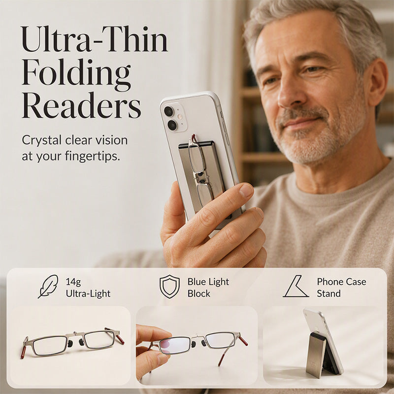 Ultra-Thin Foldable Reading Glasses with Attachable Phone Case and Kickstand