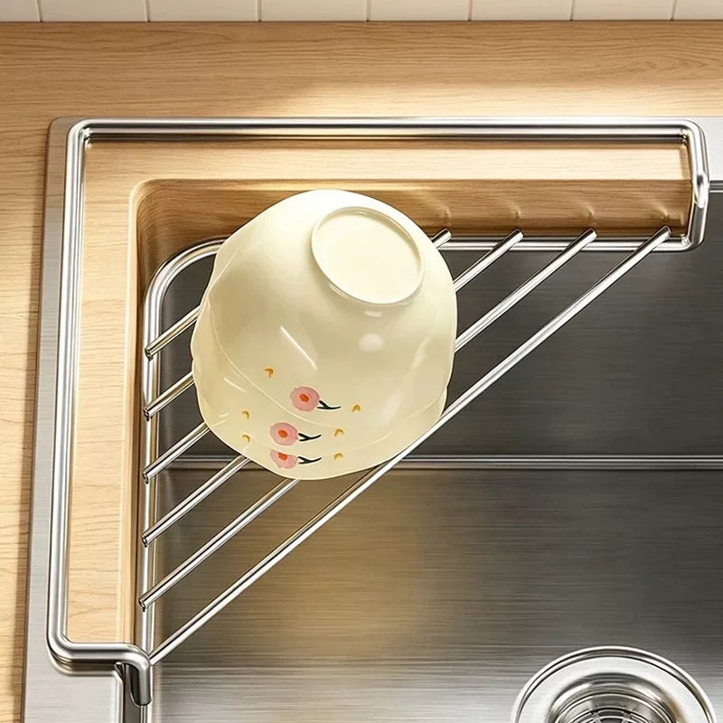 🧽 No More Slimy Sponges – Stainless Steel Corner Rack with Fast-Drain Tray. Keeps Counters Dry. US Stock