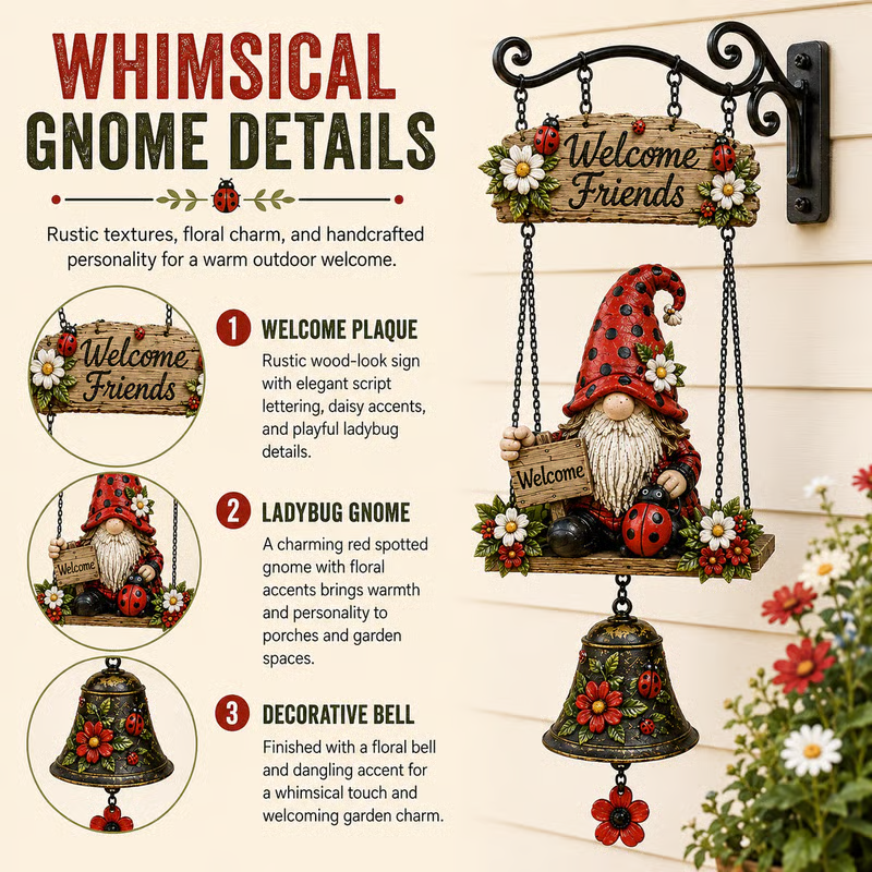 🥳2026 HOT SALE🥳🧙‍♂️ 50% OFF! Gnome Welcome Doorbell Outdoor Decor – Charming gnome figure with clear melodic bell. Durable zinc alloy, weatherproof & easy to hang – a whimsical welcome for every guest! 🏠✨