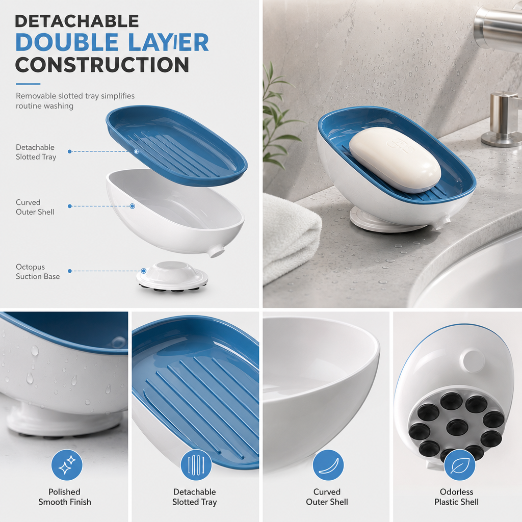 🧼 50% OFF! ✨Wall Mount Double Layer Soap Tray, Suction Cup Self Draining Soap Holder🚿