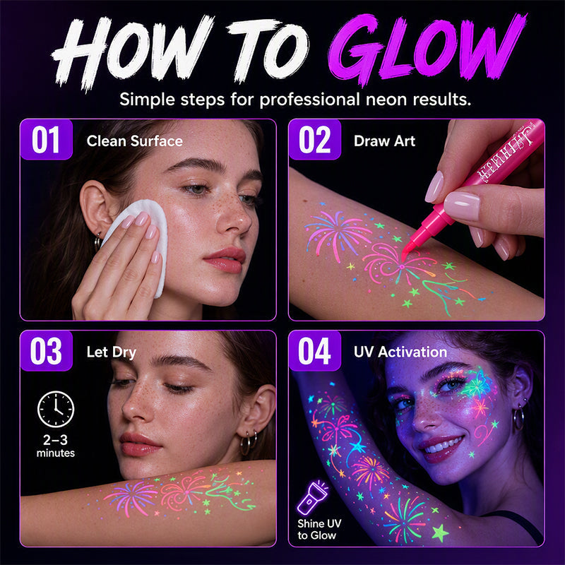 🎉 LIMITED-TIME 50% OFF! ✨ UV Glow Party Tattoo Pens – Skin-Safe, Quick Dry, Multi-Surface ✨