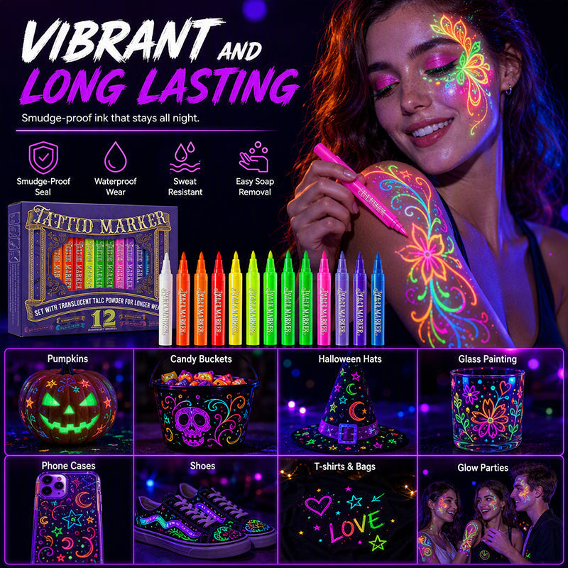 🎉 LIMITED-TIME 50% OFF! ✨ UV Glow Party Tattoo Pens – Skin-Safe, Quick Dry, Multi-Surface ✨