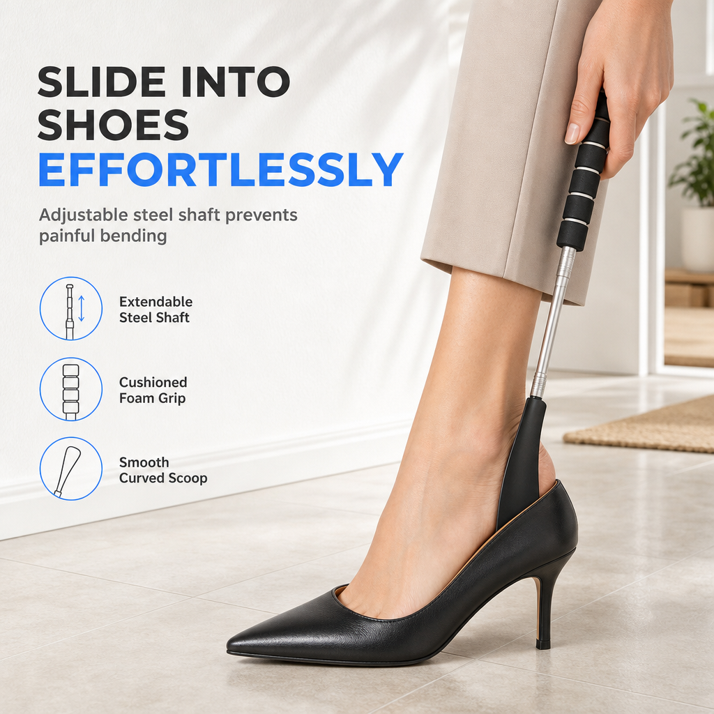🥿 Telescopic Shoe Horn: 70cm Long Handle, Stainless Steel, No Bending, Ergonomic Foam Grip