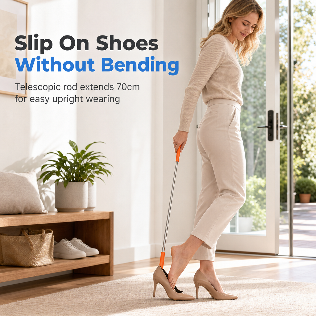 🥿 Telescopic Shoe Horn: 70cm Long Handle, Stainless Steel, No Bending, Ergonomic Foam Grip