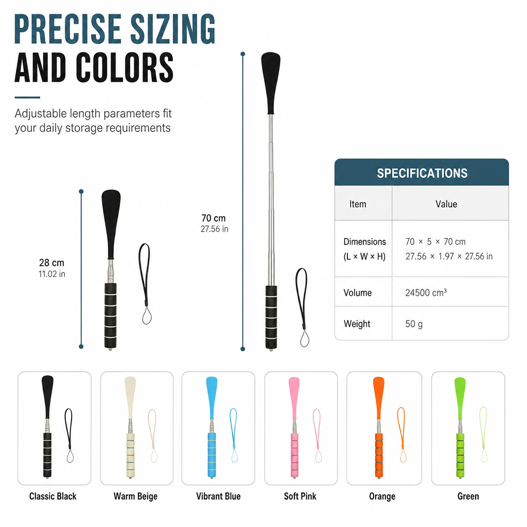 🥿 Telescopic Shoe Horn: 70cm Long Handle, Stainless Steel, No Bending, Ergonomic Foam Grip