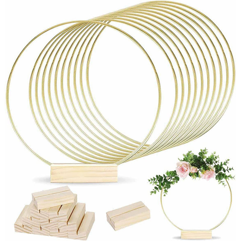🌸 50% OFF! ✨ Gold-Tone Decorative Hoop with Wooden Stand – Customizable Table Centerpiece with LED String, Reusable Design for Flowers, Ribbon & Greenery – Elegant Iron & Pine Wood Craft for Events & Everyday Decor 🎀