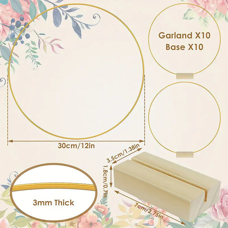 🌸 50% OFF! ✨ Gold-Tone Decorative Hoop with Wooden Stand – Customizable Table Centerpiece with LED String, Reusable Design for Flowers, Ribbon & Greenery – Elegant Iron & Pine Wood Craft for Events & Everyday Decor 🎀