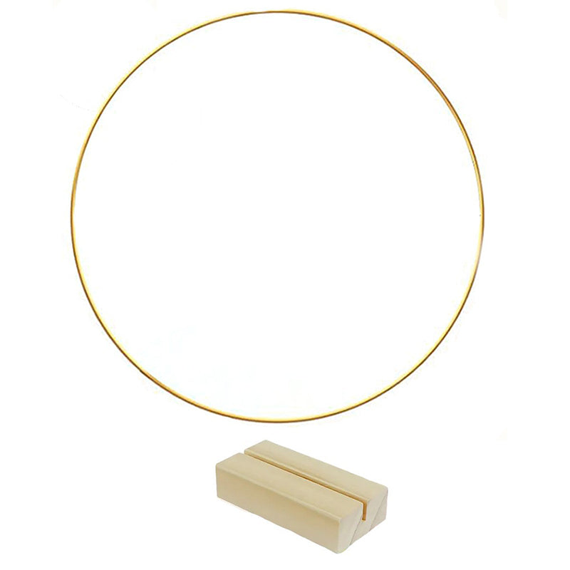 🌸 50% OFF! ✨ Gold-Tone Decorative Hoop with Wooden Stand – Customizable Table Centerpiece with LED String, Reusable Design for Flowers, Ribbon & Greenery – Elegant Iron & Pine Wood Craft for Events & Everyday Decor 🎀