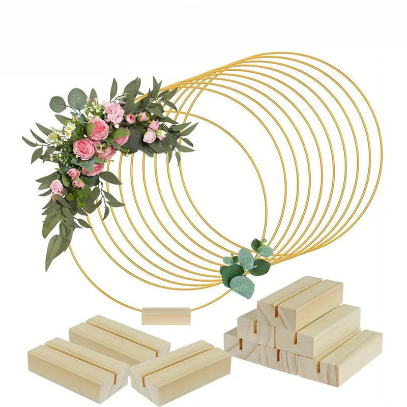 🌸 50% OFF! ✨ Gold-Tone Decorative Hoop with Wooden Stand – Customizable Table Centerpiece with LED String, Reusable Design for Flowers, Ribbon & Greenery – Elegant Iron & Pine Wood Craft for Events & Everyday Decor 🎀