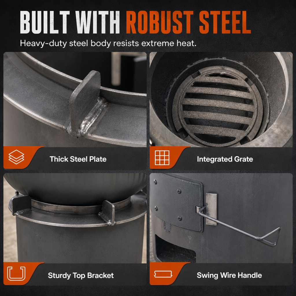 🔥 Heavy-Duty Camping Stove: Carbon Steel, Wood & Charcoal, High-Draft Airflow, 3-in-1 Cook