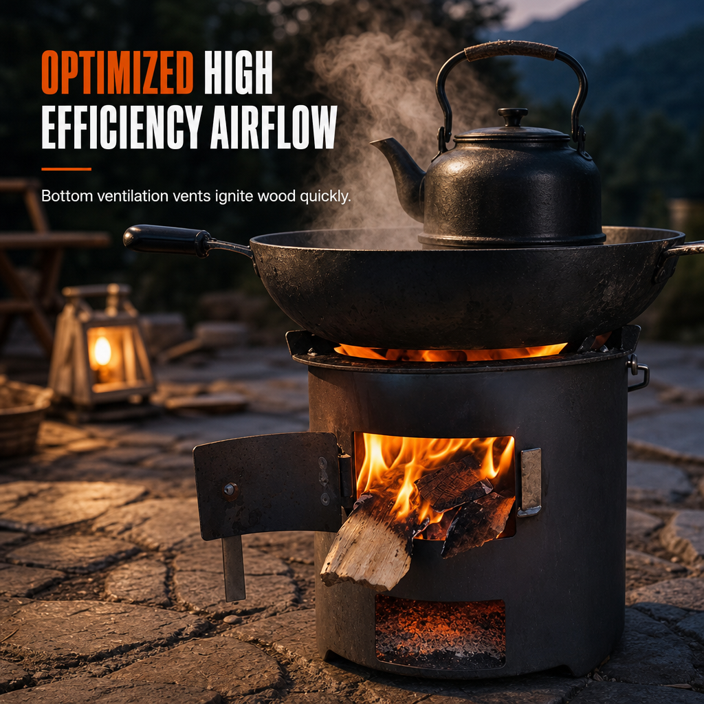 🔥 Heavy-Duty Camping Stove: Carbon Steel, Wood & Charcoal, High-Draft Airflow, 3-in-1 Cook