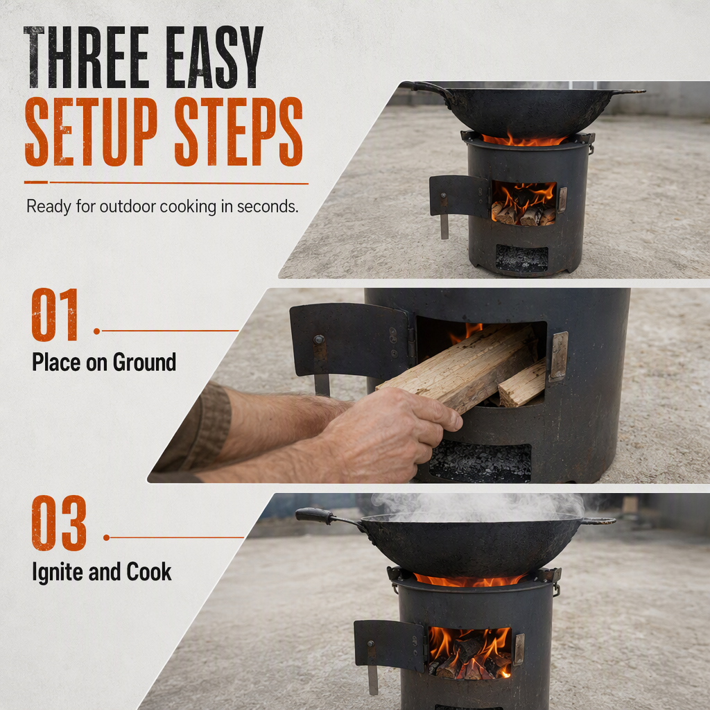 🔥 Heavy-Duty Camping Stove: Carbon Steel, Wood & Charcoal, High-Draft Airflow, 3-in-1 Cook