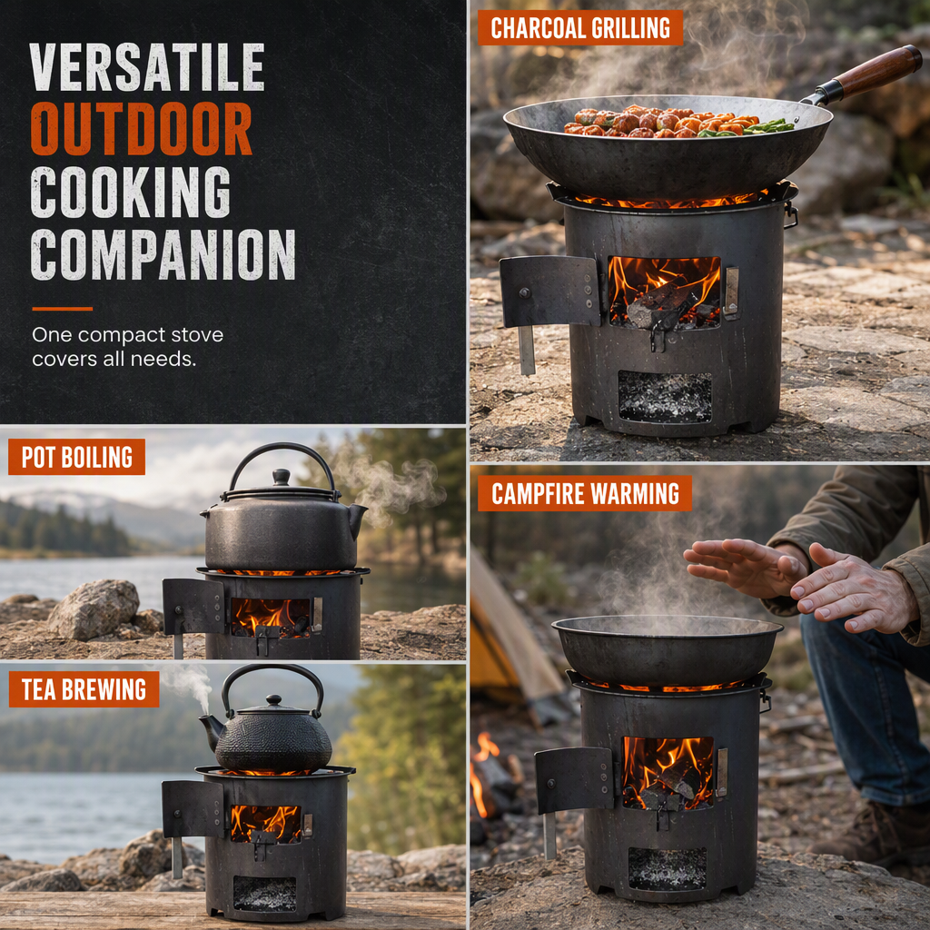 🔥 Heavy-Duty Camping Stove: Carbon Steel, Wood & Charcoal, High-Draft Airflow, 3-in-1 Cook