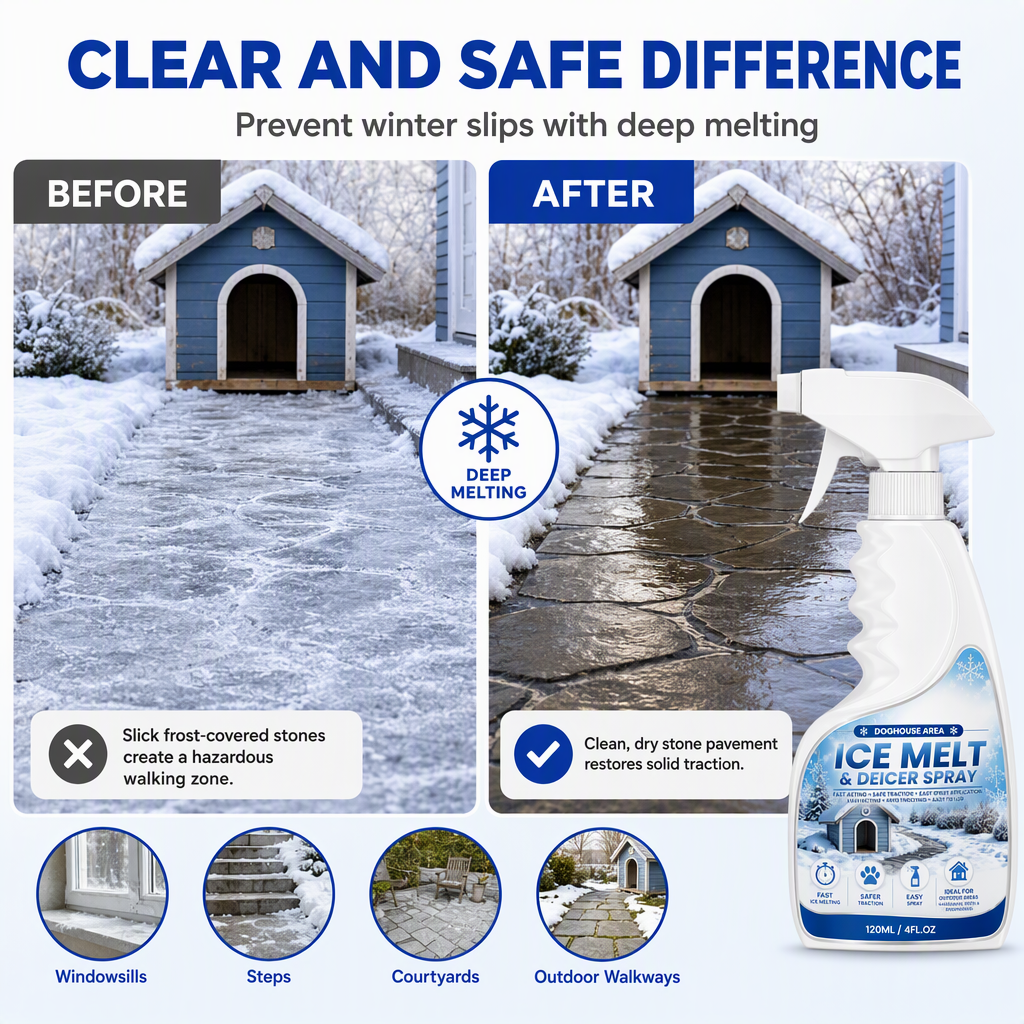 Outdoor De-Icing & Snow Melting Spray – pet-safe, dissolves frost on contact. Clear steps, walkways & patios fast