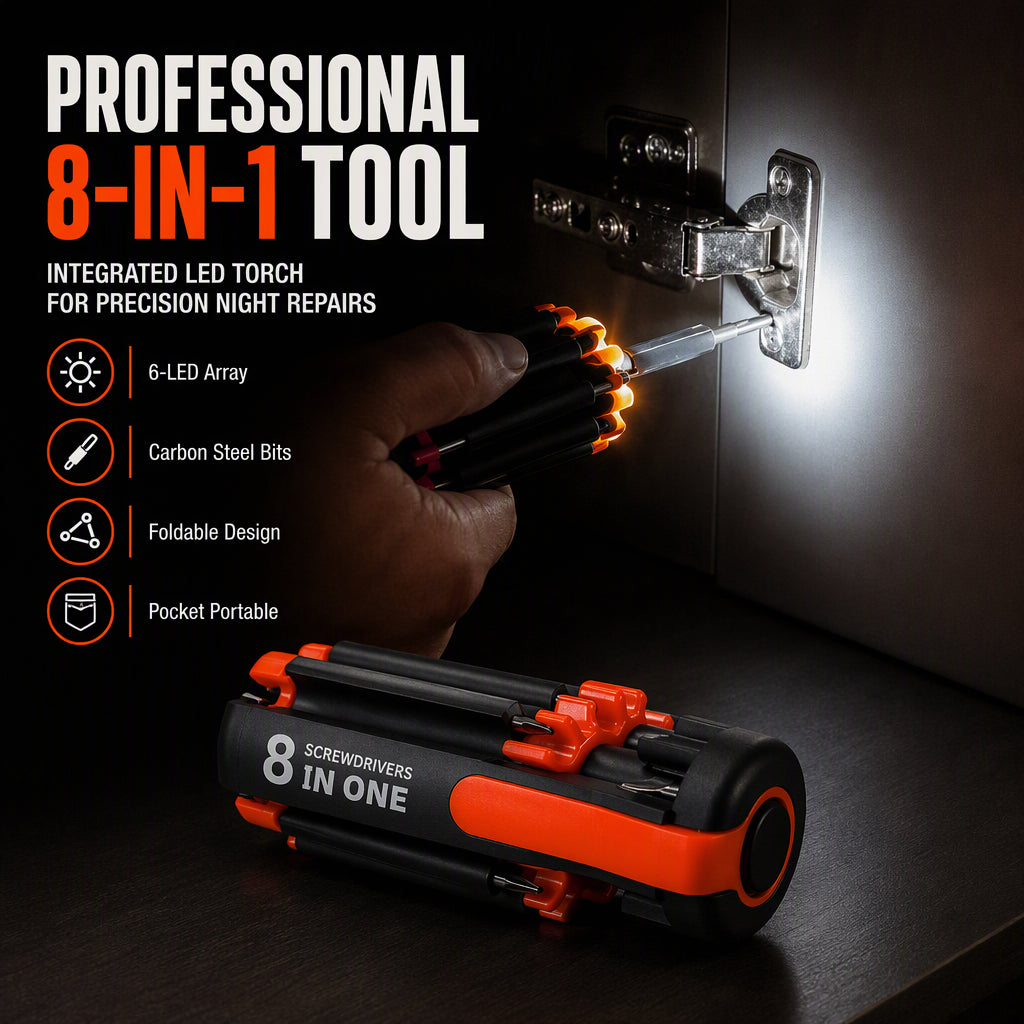 🔧 8-in-1 Folding Screwdriver – Built-In LED Work Light & Flashlight