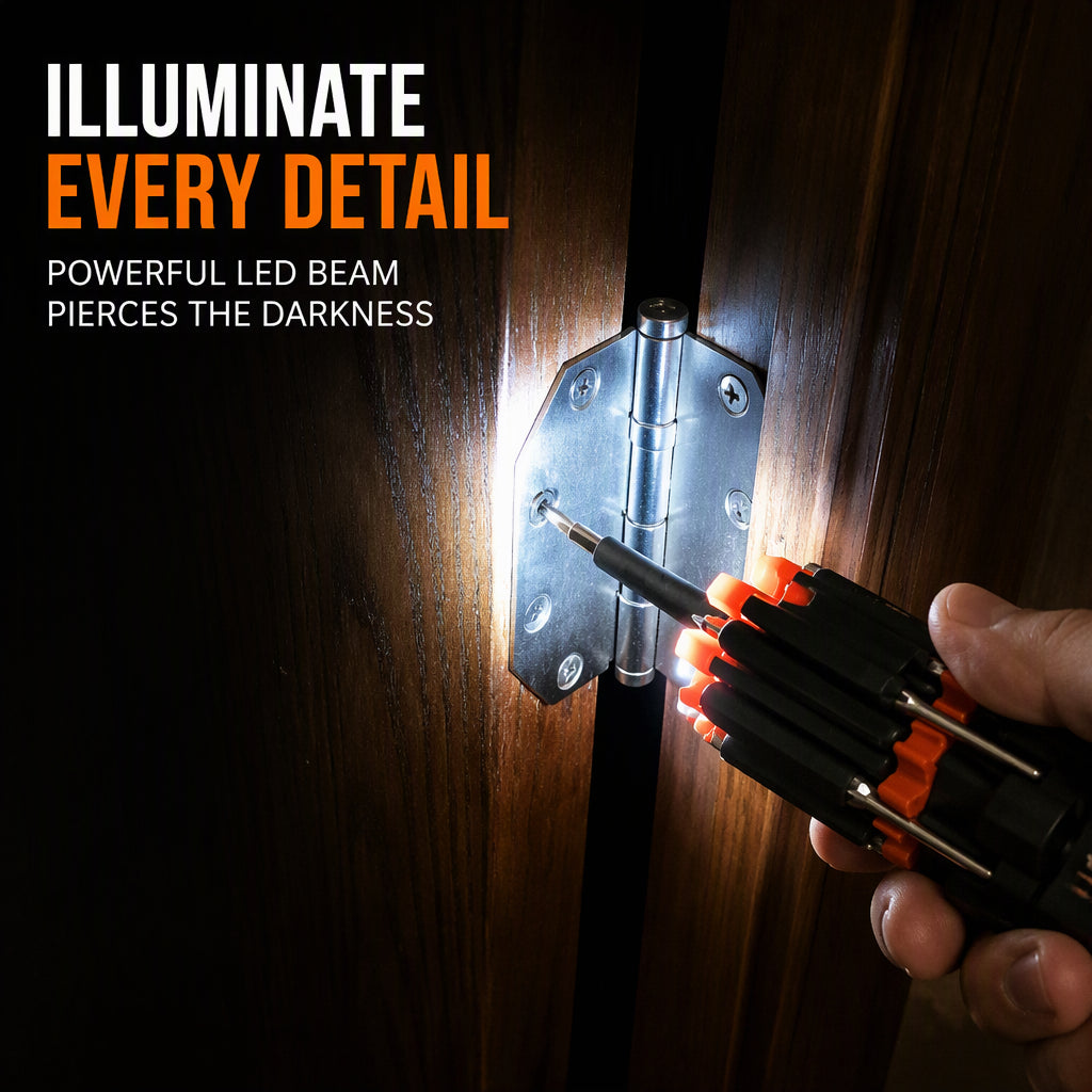🔧 8-in-1 Folding Screwdriver – Built-In LED Work Light & Flashlight