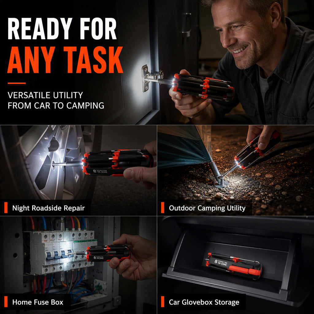 🔧 8-in-1 Folding Screwdriver – Built-In LED Work Light & Flashlight